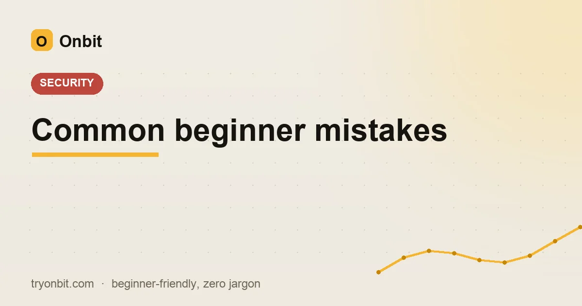 A beginner avoiding common crypto pitfalls — leverage, FOMO, wrong network, skipped 2FA — laid out as warning signs